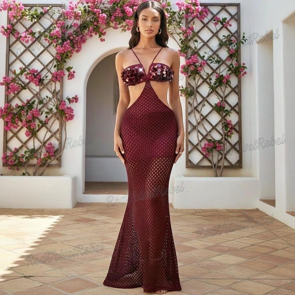 NWT Sexy Burgundy Embroidered Cut Out Fish Net Ibiza Festival Concert Maxi Dress